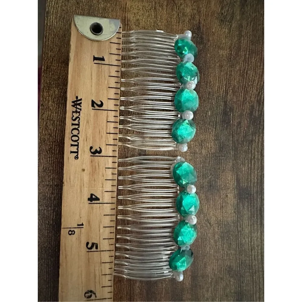 Vintage 1980s Rhinestone and Faux Pearl Clear and Green Side Hair Combs Retro